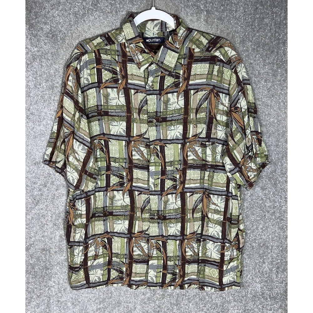 Vintage Puritan Hawaiian Shirt Mens Size Large Plaid Tribal Leaf Button Up